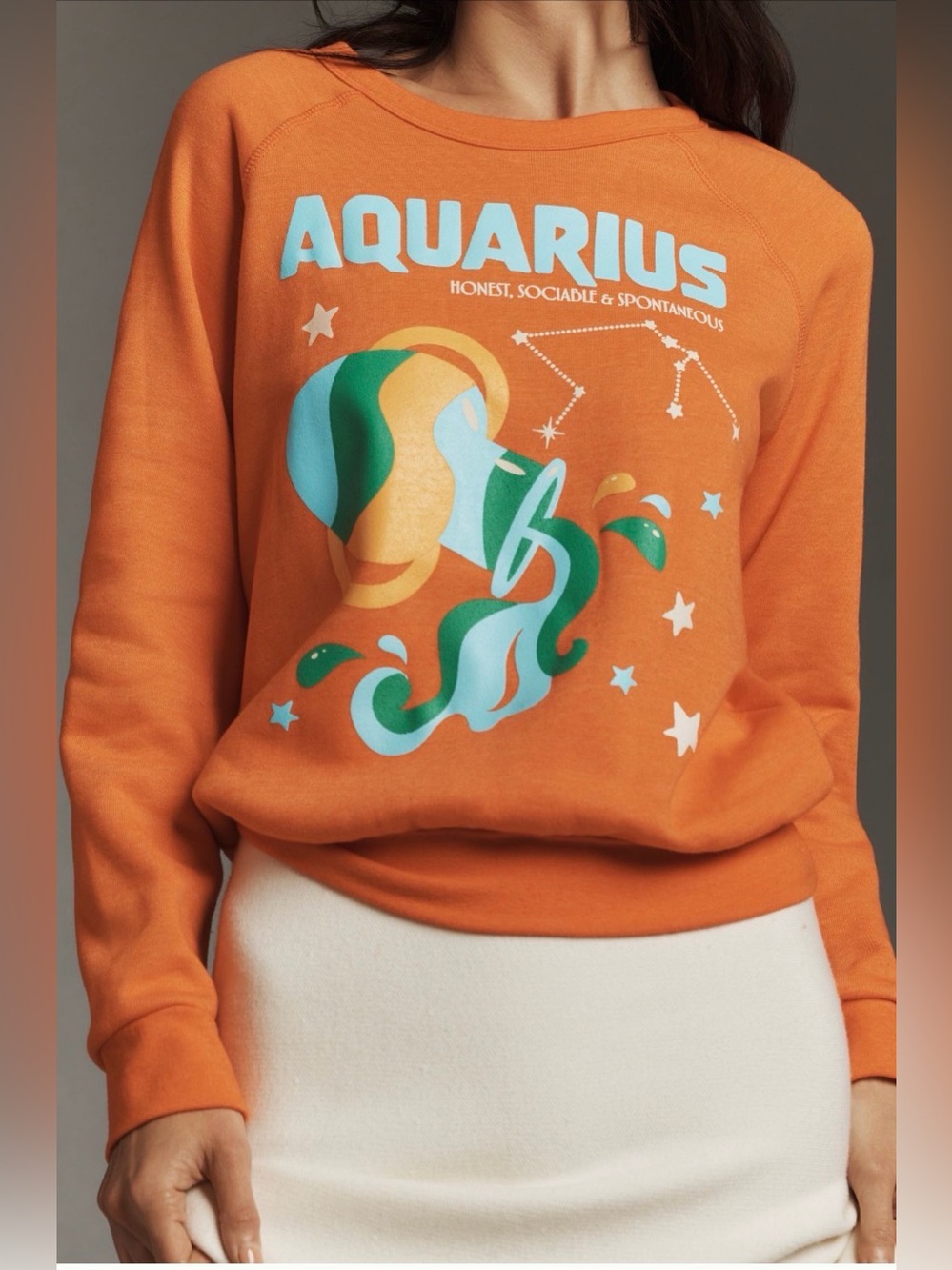 Midnight Rider Aquarius Graphic Sweatshirt XS Orange Fleece Zodiac Pullover USA